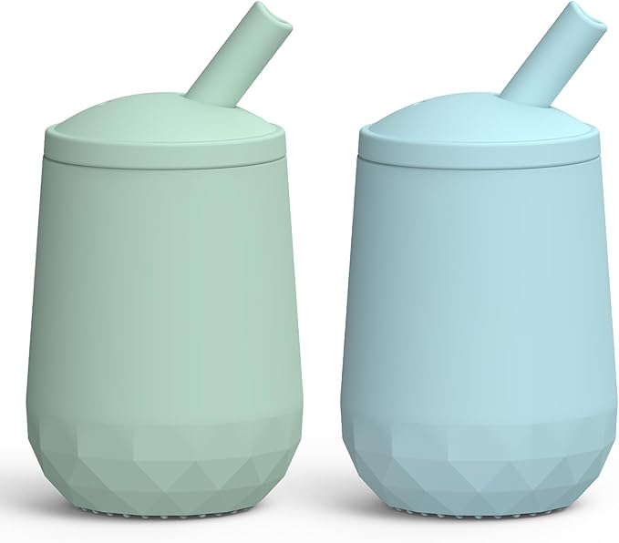 Seposeve 2 Pack Silicone Straw Cups, Leak-Proof Baby Sippy Cup for 6 Months +, Spill Proof Toddler Cup with Straw 12-24 Months, Easy to Hold, Flow Control, 4 oz, Green Blue