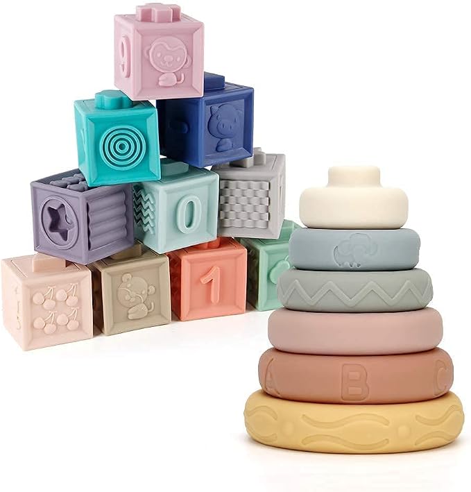Mini Tudou Baby Blocks & Stacking Rings Toy Set, Baby Sensory Building & Teething Toys Educational Squeeze Play with Animals Shapes Textures Numbers, Holidays for Toddlers Babies 6m+