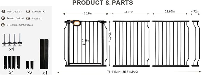 Baby Gates Extra Wide for Doorways 76.4-85.5 Inch Extra Wide Pressure Mounted Baby Dog Gate for the House Indoor Large Openning Metal Safety Gate No Drilling with Walk-Through Door,Black