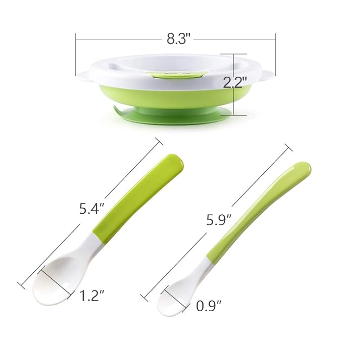 Matyz Baby Feeding Suction Warm Plate with Draining and Drying Design - Stay Put Divided Plate for Kids - Including 1 Toddler Plate and 2 Spoons - Microwave & Dishwasher Safe (Green)