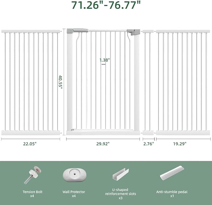 40.55" Tall Wide Baby Gate for Doorways Stairs, 71.2"-76.7" Extra Tall Dog Pet Gates for Large Opening, High Child Kid Safety Door No Drill, Auto Close Cat Proof Hallway Kitchen Indoor House, White