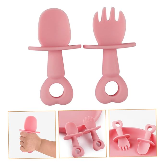 Yardwe 2pcs Adorable Boy Girl Fork Spoon Heart-Shaped Food-Grade Silicone Tableware for Training Safe Non- Design for Years Old