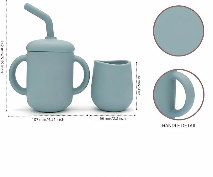 Silicone Training Cups - Drinking Training Straw Cup & Open Weaning Cup for Babies 6-12+ Months, Food-Grade BPA-Free Baby Led Weaning Drinking Set(Rose) (Light Blue)
