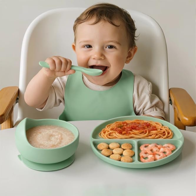 8 PCS Baby Feeding Set - Suction Plate, Bowl, Bib, Spoon, Fork, Fruit Feeder & Food Freezer Tray for Babies.