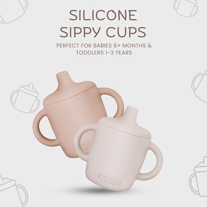 KIDSco. Silicone Sippy Cups (2 Pack) ??Soft Spout & Easy Grip Handles for Babies 6+ months, Plastic Free, Toxic Free Silicone, Leak-Resistant, Dishwasher Safe (Pink and Sandy Shore)