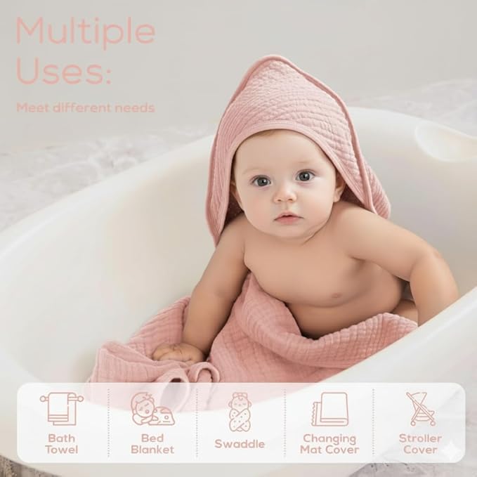 Muslin Hooded Baby Towels for Newborns, 32"x32", 100% Cotton ??6 Layers Super Soft Absorbent Breathable, Baby Bath Towel, Toddler Bath Towel ??Pack of 2