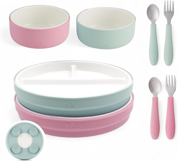 Elk and Friends Kids Porcelain Mealtime Bundle with Suction Sleeves | Plates, Bowls + Toddler Utensils | Silicone Sleeves | For Meals + Snacks | Microwave + Dishwasher Safe
