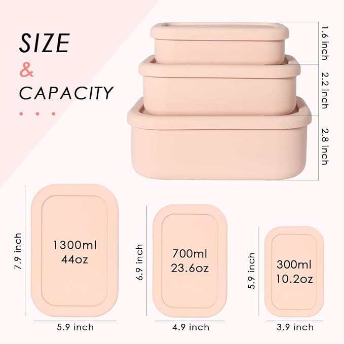 Silicone Food Storage Containers with Lids, Set of 3 Hard-Shell Bento Lunch Boxes, Airtight & Leakproof, Reusable Meal Prep Containers for Kitchen, Work, School, Travel (10oz, 23.6oz, 44oz)