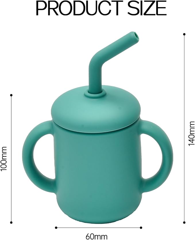 2 Pack 100% Silicone Baby Sippy Cups Tiny Silicone Drinking Training Cup with Handles & Straw for Baby and Toddler (grey，green)