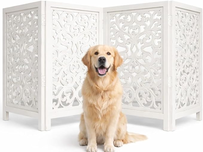 Free Standing Dog Gate – 4 Panel Foldable Wooden pet gate Indoor 72" W x 24" H, Hand-Carved Solid Wood & MDF, Portable Indoor Gate for Doorways, Halls, Stairs – Fully Assembled, Antique White