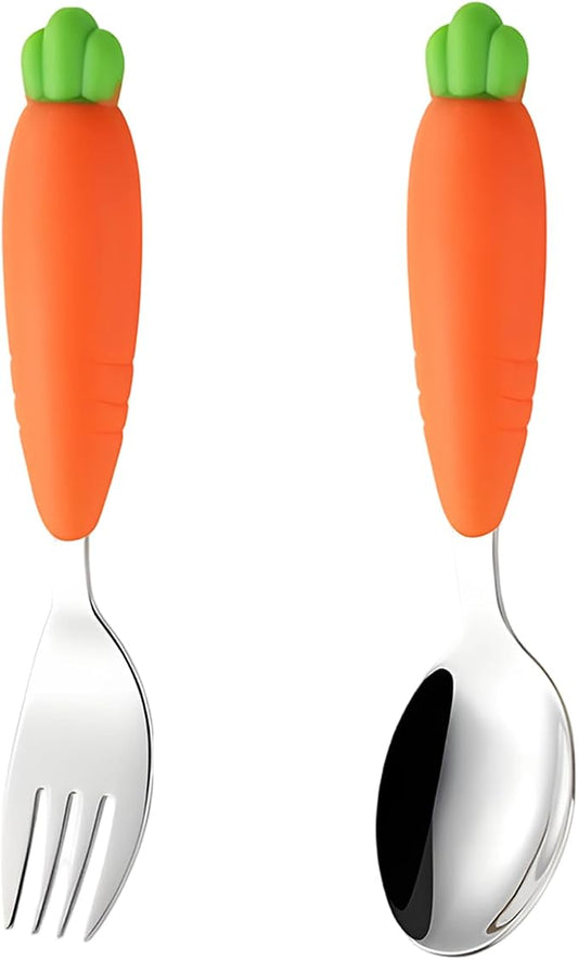 2 Pcs Little One Utensils Set, 304 Stainless Steel Fork and Spoon with Food-Safe Silicone Handle, Carrot Design, Sized for Little One Self-Feeding