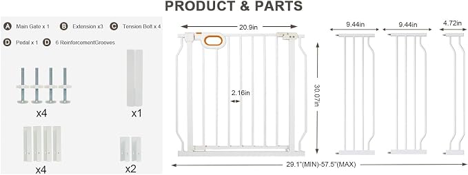Baby Gates Extra Wide with Door 29.1-57.5 Inch Extra Wide Pressure Mounted Baby Dog Gate for Doorways Indoor Metal Gate No Drilling with Walk-Through Door,White
