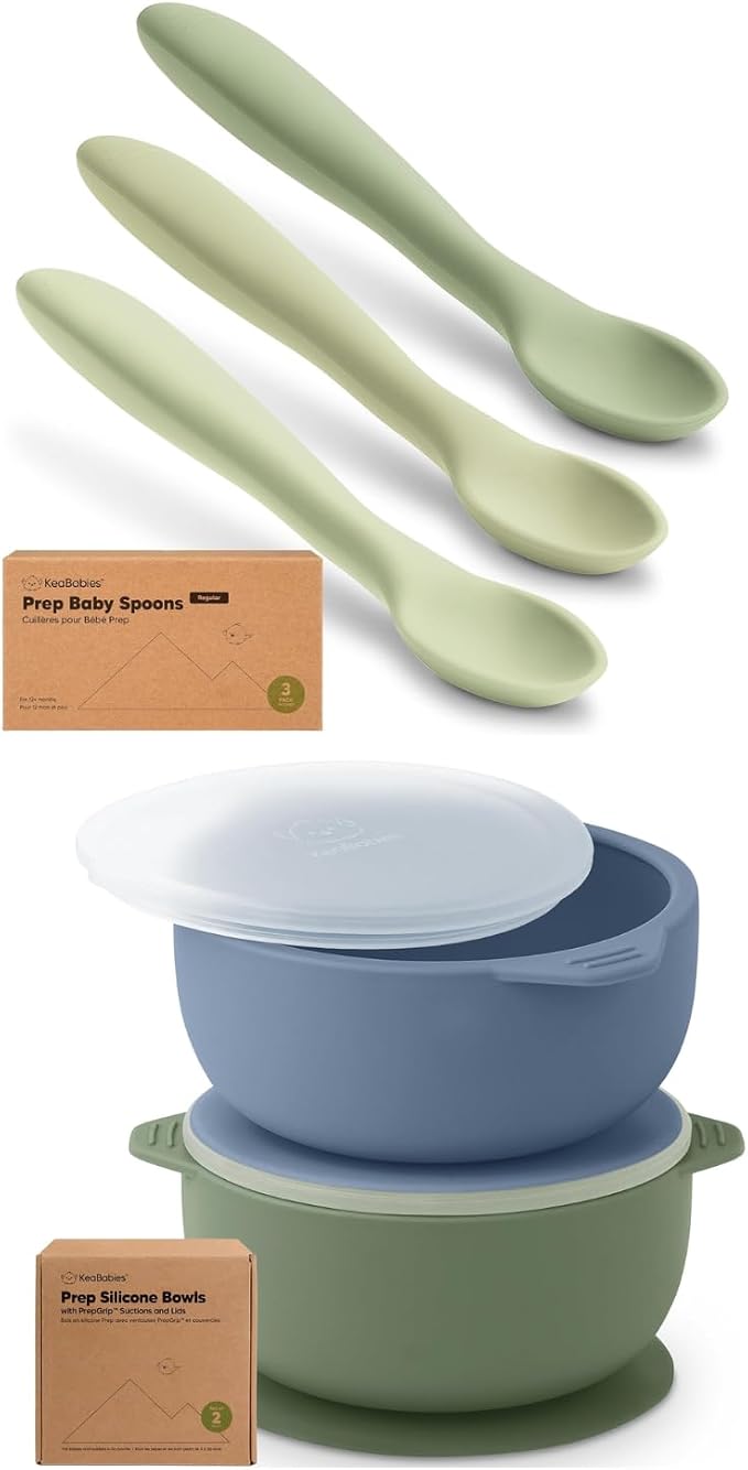 KeaBabies 3-Pack Silicone Baby Spoons and 2-Pack Baby Bowls with Suctions, Lids - Toddler First Food Training Spoon - Silicone Suction Bowls for Boy, Girl