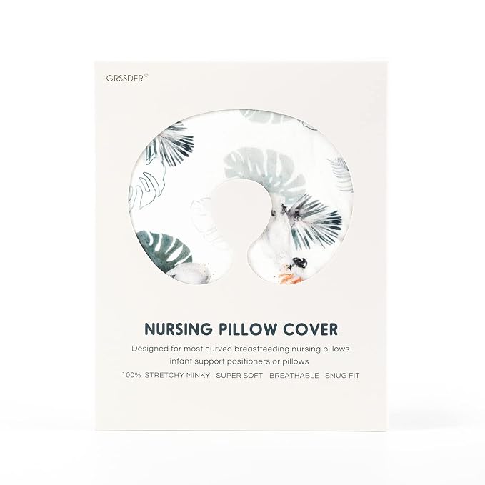 GRSSDER Soft Stretchy Minky Nursing Pillow Cover, Breastfeeding Pillow Slipcover for Boys & Girls, Nursing Pillow Case for Newborn, Stylish Watercolor Animals, Mint Green