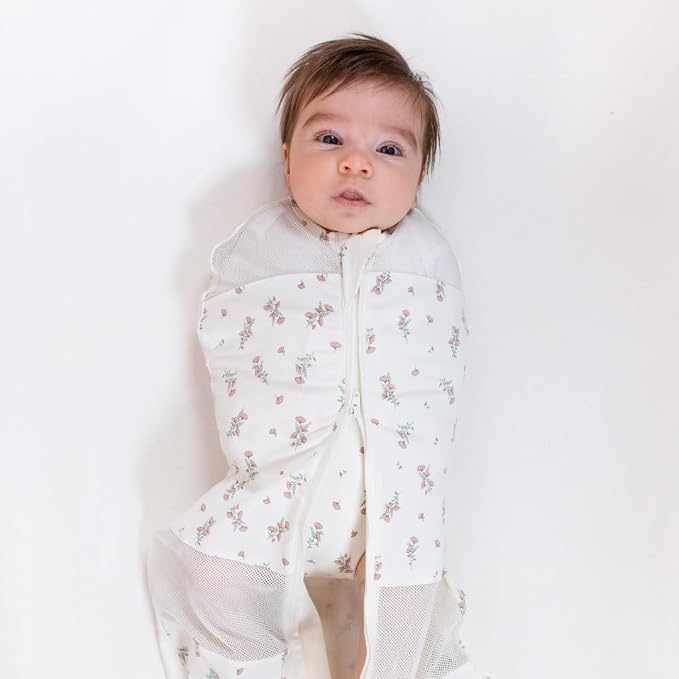 Happiest Baby Sleepea 5-Second Swaddle - 100% Organic Cotton Baby Swaddle Blanket - Doctor Designed Promotes Healthy Hip Development (Ivory Wildflowers, Small)