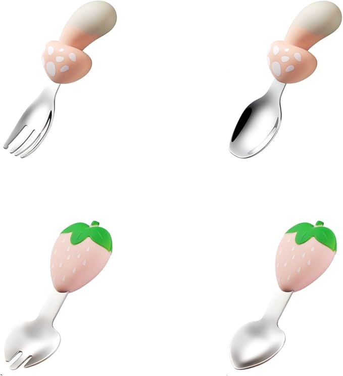 Toddler Utensils 4-Pack, Stainless Steel Toddler Forks and Spoons Set with Cute Mushroom& Strawberry Silicone Handles, Baby Kids Utensils, Children Safe Forks and Spoons Dishwasher Safe