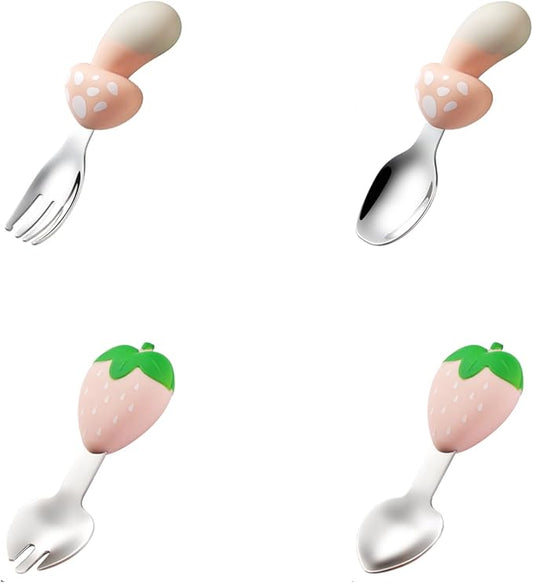 Toddler Utensils 4-Pack, Stainless Steel Toddler Forks and Spoons Set with Cute Mushroom& Strawberry Silicone Handles, Baby Kids Utensils, Children Safe Forks and Spoons Dishwasher Safe