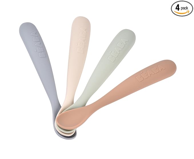 BEABA First Stage Baby Feeding Spoon Set, The Original Soft Tip Silicone Spoons for Babies, Gum Friendly BPA Lead Phthalate and Plastic Free, Great Gift Set (4 Pack), Natural