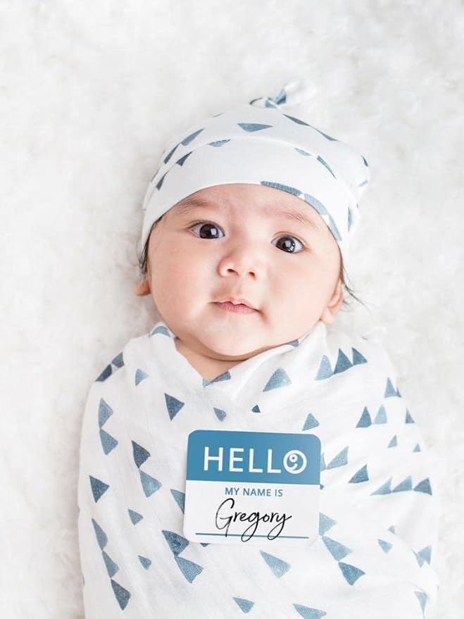 Lulujo Baby Hello World Newborn Hat and Swaddle Blanket Set, Triangle Blue