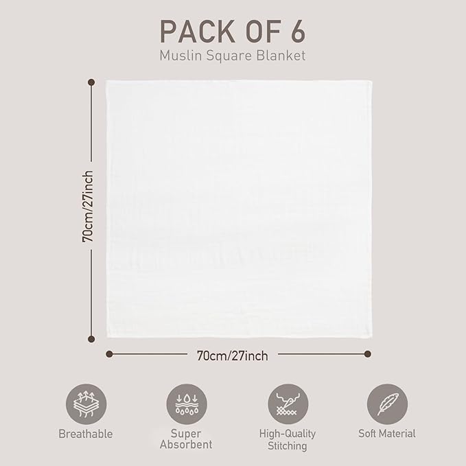 GLLQUEN BABY Receiving Blanket Boy Cotton Muslin Swaddle Blankets Girl Newborn Squares Breathable & Soft Thin Baby Blankets Cloths Double Absorbent Infant Swaddling Wrap - 6 Pack (White)