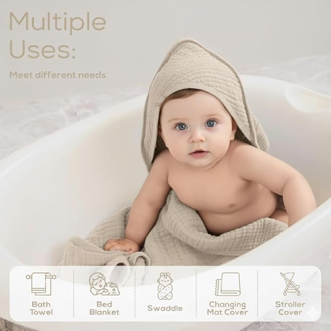 Muslin Hooded Baby Towels for Newborns, 32"x32", 100% Cotton ??6 Layers Super Soft Absorbent Breathable, Baby Bath Towel, Toddler Bath Towel ??Pack of 2