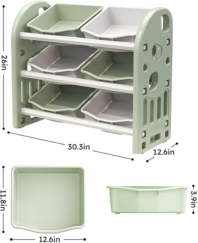 Kids Toy Storage Organizer, 3-Tier Shelves Multi-Functional Kids Storage Organizer with 6 Removable Bins Large Storage Capacity for Boys Girls Bedroom Playroom, Nursery (Green)