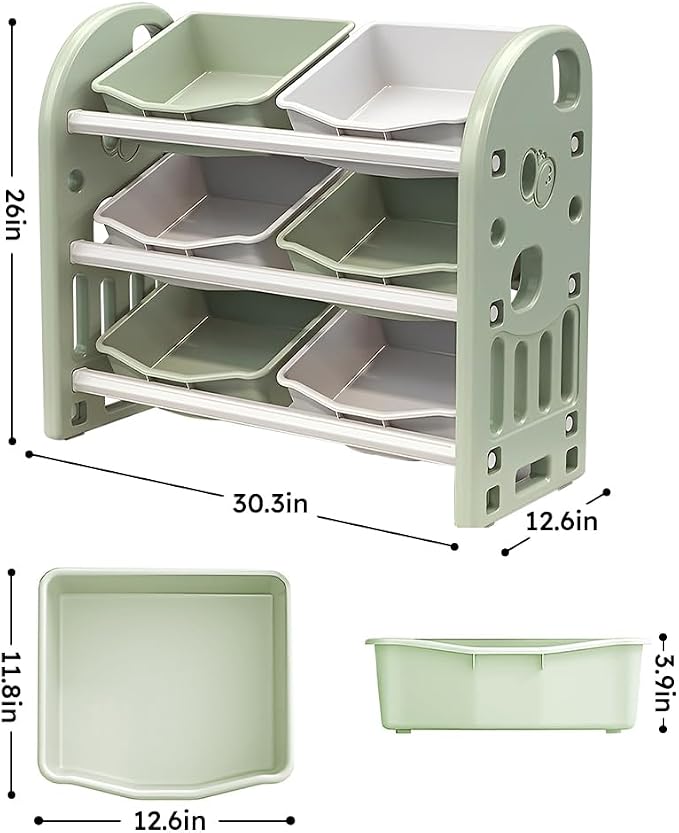Kids Toy Organizer with 6 Storage Bins, Toy Organizer and Storage for Kids’ Toys, Children Toy Storage Organizer for Playroom, Kids Room, Nursery Room (Green)