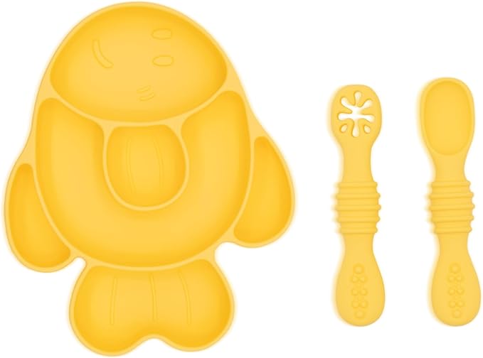 BabyX Baby Silicone Feeder Set, 3-pcs Golden-Fish-themed Baby Plate with Suction, Spoon and Fork for Babies Toddler Kids, BPA-Free, Baby Utensils Feeding Supplies, Microwave and Dishwasher Safe