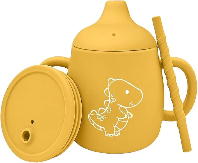 Silicone Straw Cup with Handles,Dinosaur Silicone Baby Sippy Cups,Snack Cups for Toddlers,Dual-Purpose Toddler Training Cups,3 Stages Training Cup Dishwasher Safe and BPA Free 9 oz (Yellow)