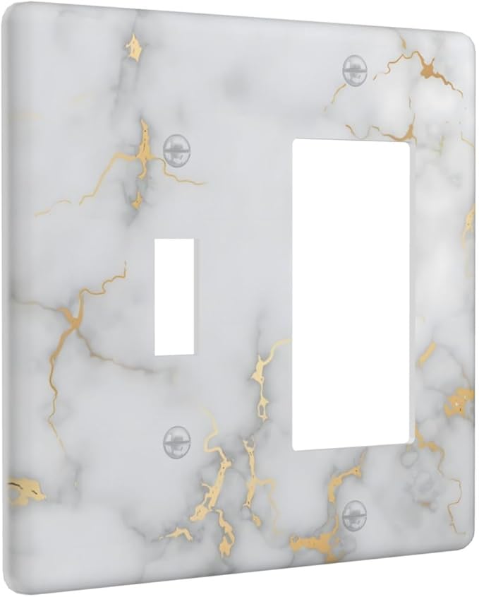 Luxury White And Gold Marble Abstract Modern Outlet Covers 1 Toggle 1 Rocker Combination Decorative Wall Plate Electrical Switch Plates Light Switch Cover Plate for Bathroom Kitchen Decor