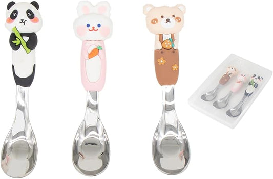 18/8 Stainless Steel Kids Spoon Set with Storage Box, Animal Shaped Silicone Handle, BPA Free Portable Travel Utensils, Perfect Children's Day Gift for Kids Ages 3-6