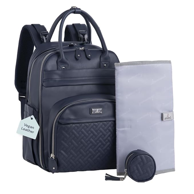 BabbleRoo Leather Diaper Bag Backpack - Baby Essentials Travel Baby Bag, Multi function, with Changing Pad, Stroller Straps & Pacifier Case ??Unisex, Midnight Blue