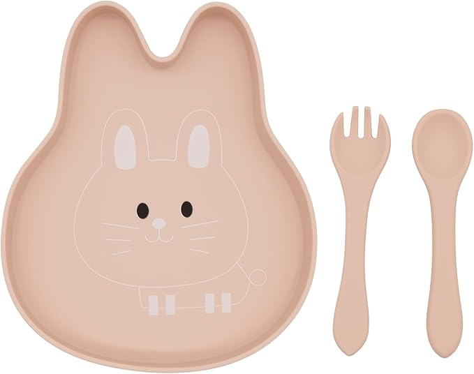 BabyX Baby Silicone Feeder Set, 3-pcs Home Critter-themed Baby Plate with Suction, Spoon and Fork for Babies Toddler Kids, BPA-Free, Baby Utensils Feeding Supplies, Microwave and Dishwasher Safe