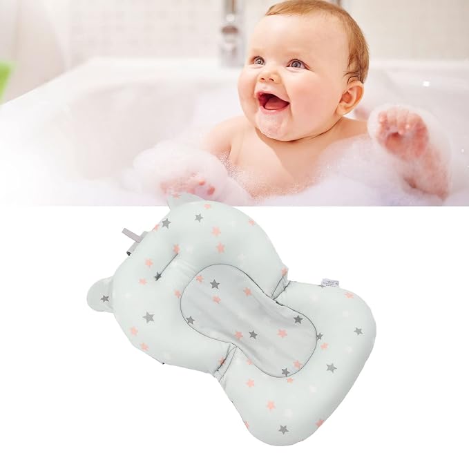 Baby Bath Seat, Baby Bath Tub Cushion for Bathtub Sink for Infant Newborn, Floating Foldable Adjustable Infant Bath Supporter, Easy to Clean (Light Blue Stars)