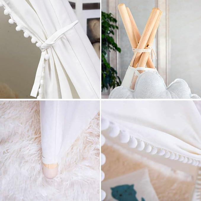 Teepee Tent with Star Lights & Carry Case, Luxury Lace Washable Foldable Toddler 100% Cotton Play Tent for Indoor Outdoor Party Girls & Boys, White