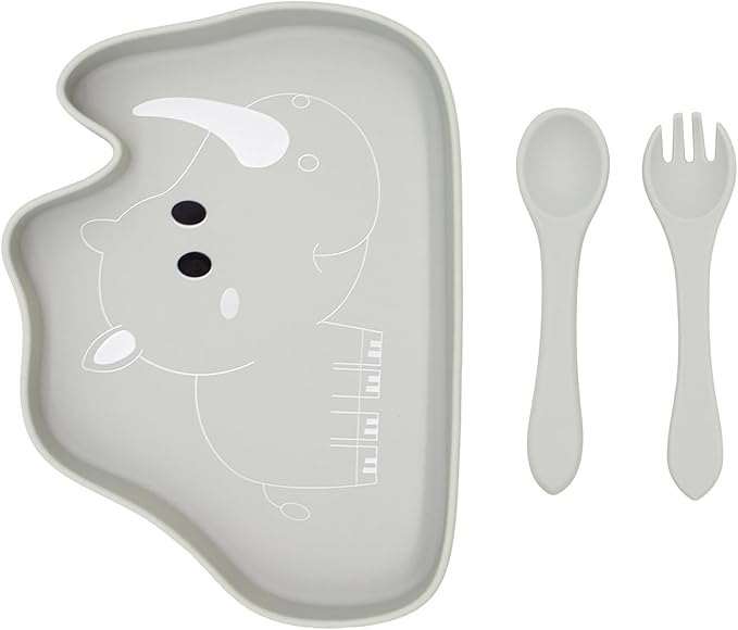 BabyX Baby Silicone Feeder Set, 3-pcs Safari Wildlife-themed Baby Plate with Suction, Spoon and Fork for Babies Toddler Kids, BPA-Free, Baby Utensils Feeding Supplies, Microwave and Dishwasher Safe