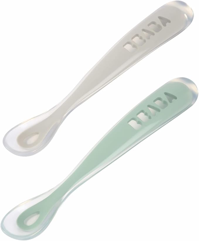 BEABA Baby's First Foods Spoon Set with Travel Case, Original Soft Silicone Baby Spoons, Baby Essentials, Travel Set, Sage + Cloud