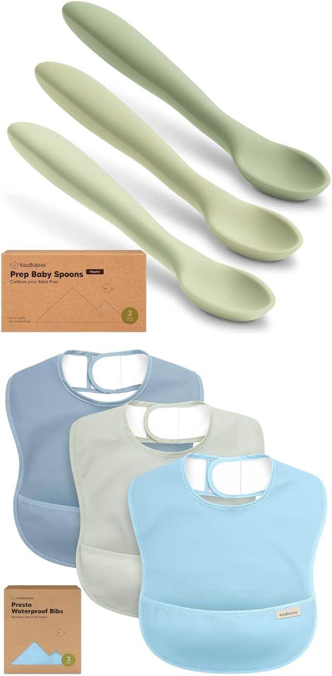 KeaBabies 3-Pack Silicone Baby Spoons and 3-Pack Waterproof Baby Bibs for Eating - Toddler First Food Training Spoon - Lightweight Boys & Girls Bib with Food Catcher