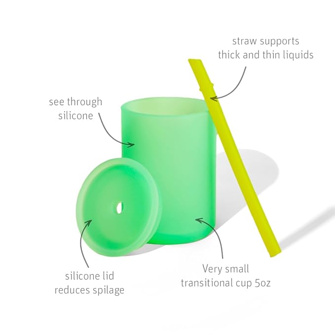 Avanchy Silicone Training Sippy Cup with Straw Lid ??Tiny Cup for Babies 6+ Months to Toddlers 1 Year Old ??5 oz Infant Water Cup for Baby Led Weaning, See-Thru Green