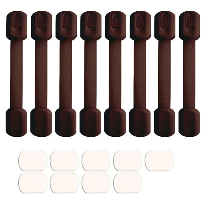 Viaky 8 Pack Brown Cabinet Locks Baby Proofing Child Safety Cabinet Locks Adjustable Straps Baby Proof Latches for Drawers Oven Refrigerator Toilet Seat Closet Cupboard