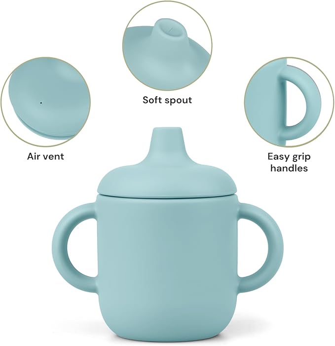 Silicone Baby Drinking Cups, Sippy Cups for 6-12 Months Toddlers - Pack of 2 Food Grade Silicone Traning Cups with Straws and Lids Grip Handle for Baby Led Weaning, 6 oz (Glacier/Plume)