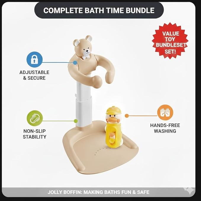 2-in-1 Adjustable Baby Shower Support Set Bear Design with Little Toy Duck | Bathroom Safety Standing Infant Shower Chair & Bather Station | Portable Non-Slip Bathing Stand for 6-48 Months