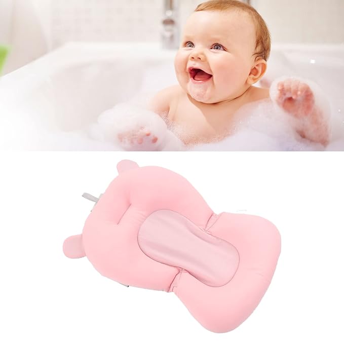 Baby Bath Seat Cushion, Floating Safe Foldable Adjustable Infant Bath Supporter for Newborn, Soft Bath Pillow Baby Bath Pillow for Bathtub (Pink Bear)