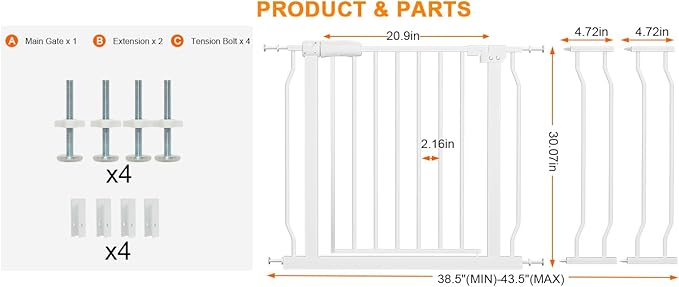 Wide Baby Gate for Stairs, Doorways, Hallways - Pressure Mounted - Walk Through - Dogs & Kids Gates - 38.5 to 43.5 Inch Wide