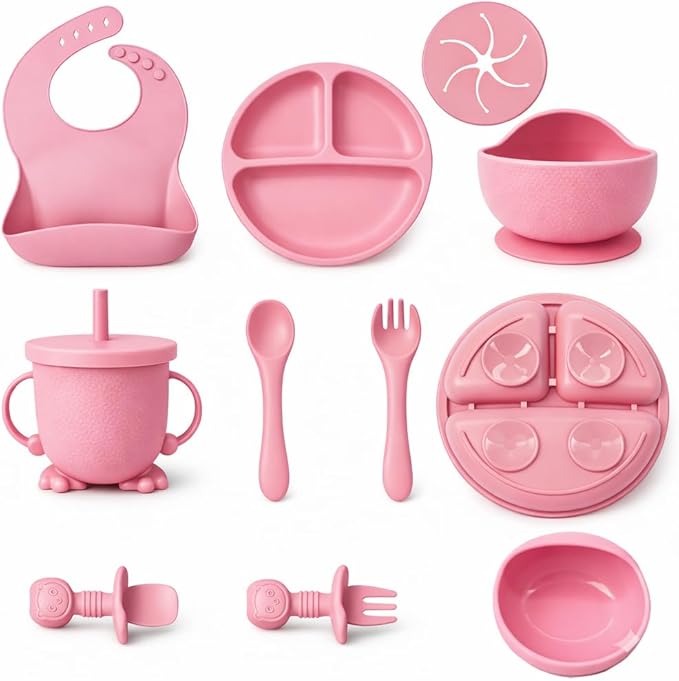 Baby Feeding Set, Silicone Baby Feeding Set with Suction Bowls, Divided Plates, Adjustable Bib, Baby Utensils Spoons, Forks & Cup Complete Baby Eating & Weaning Essentials (Pink)