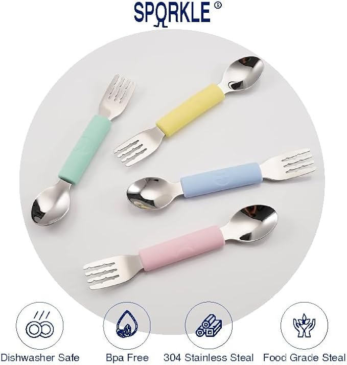 Rowers&Moon Stainless Steel Fork and Spoon Set for Toddlers and Babies, Children's Utensils, BPA-free Silicone Handle, Dishwasher Safe, 2 in 1 Self-Feeding, Travel-Friendly, Portable