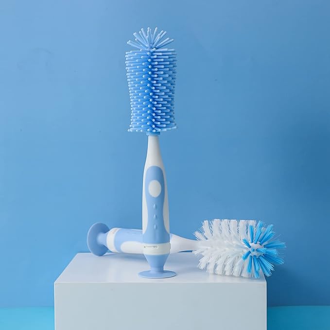 Chemimoso Multifunctional Cleaning Brush, Baby Bottle Brush, Bottle Brush Cleaner, Rotate The Suction Cup to Obtain The Small Bristle Brushes, Set Z, Blue, Silicone and Nylon Brush