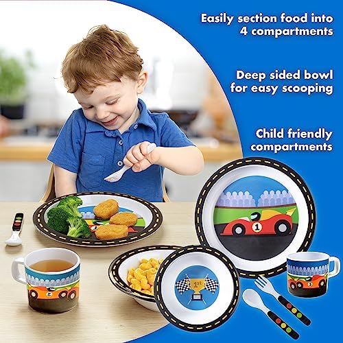 Bentology 5 Pc Mealtime Set for Kids - Racecar Theme - Includes Raised Edge Plate & Bowl, Cup, Metal Fork & Spoon- Dishwasher Safe, BPA Free - Cute Durable Dish, Easy Self-Feeding - Gift for Toddlers