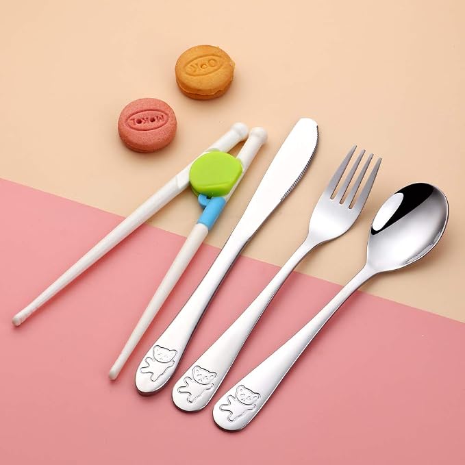 Stainless Steel Kids Utensils with Training Chopsticks | Toddler Silverware | Kids Silverware | Spoon + Fork + Knife + Chopsticks set | 4-12 Years+ | 20 Pieces | Dishwasher Safe | Multi Color