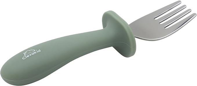 Toddler Stainless Steel Spoon & Fork Set, Non-Slip Silicone Handle, BPA-Free, Self-Feeding (Green Olive)